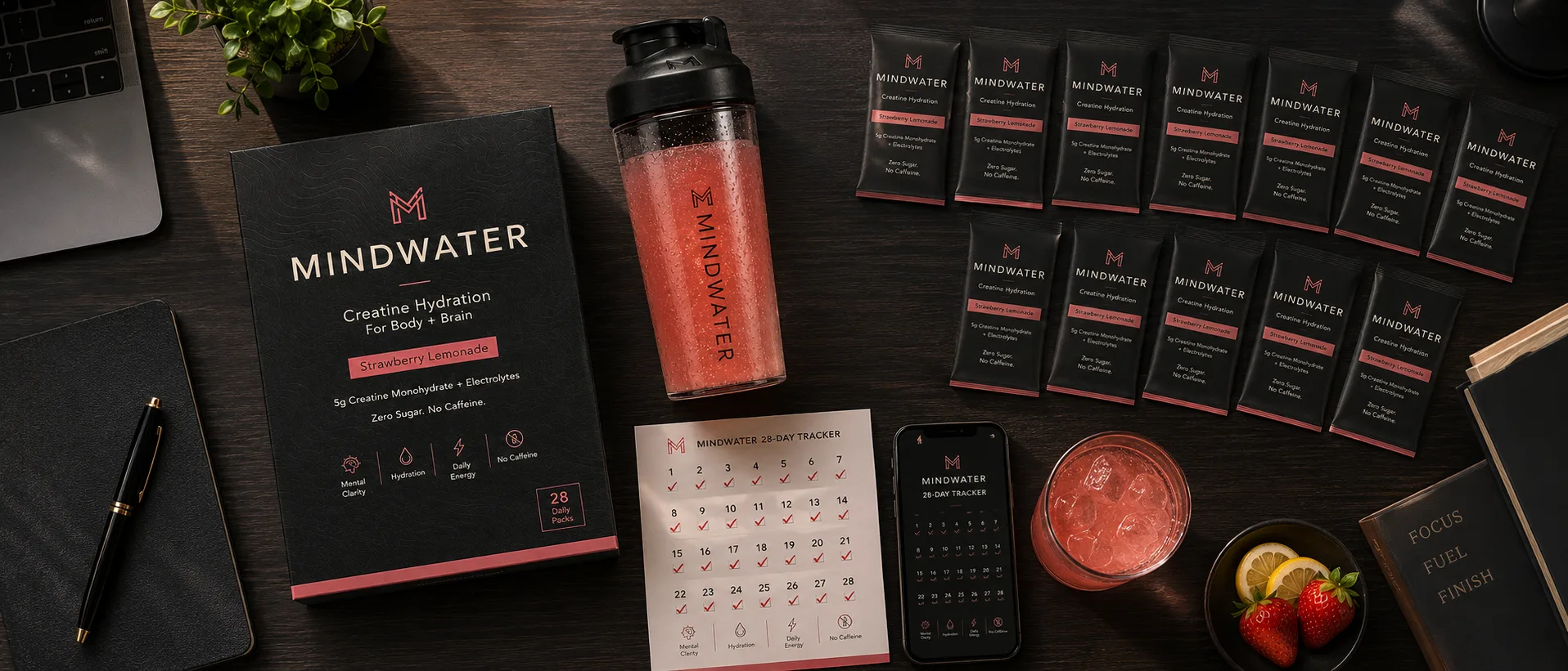 Printed 28-day MINDWATER tracker sheet with checkmarks beside a phone showing the tracker, daily packs, and a pink drink on a desk