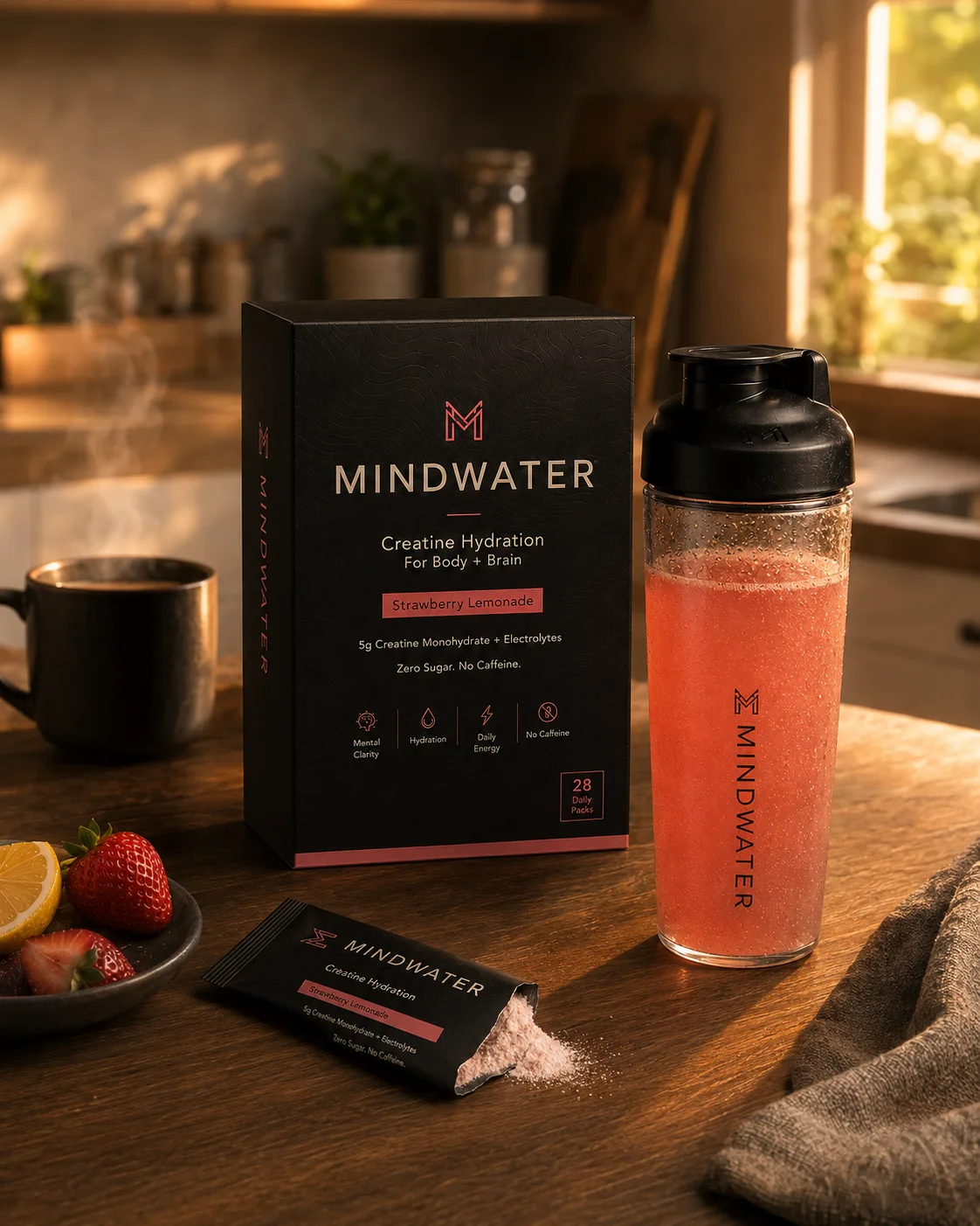 Kitchen counter at golden hour with a torn-open MINDWATER pack, pink drink in a premium shaker, and the black box behind