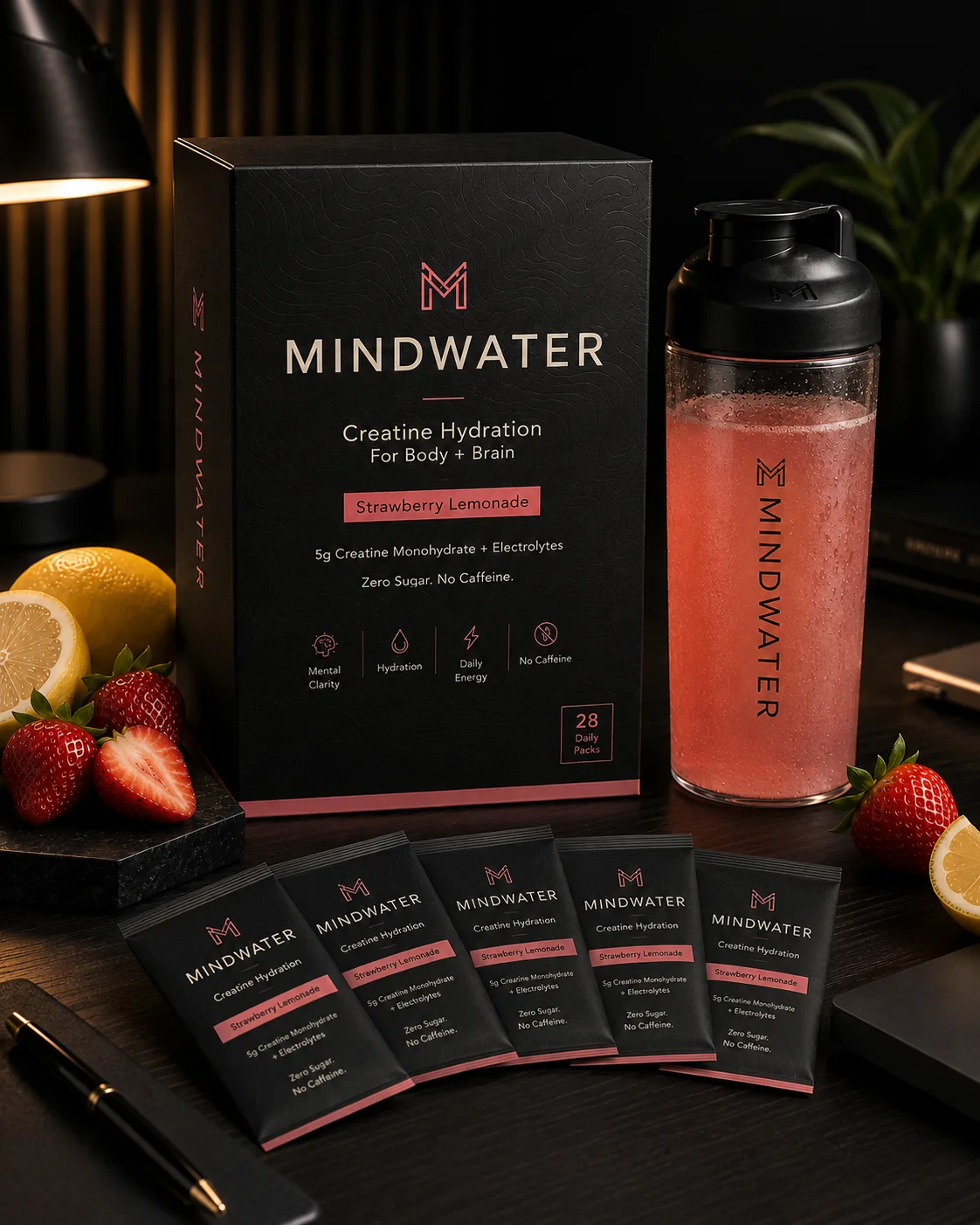 MINDWATER box with a strawberry-pink drink in a branded premium shaker and daily packs on a dark desk