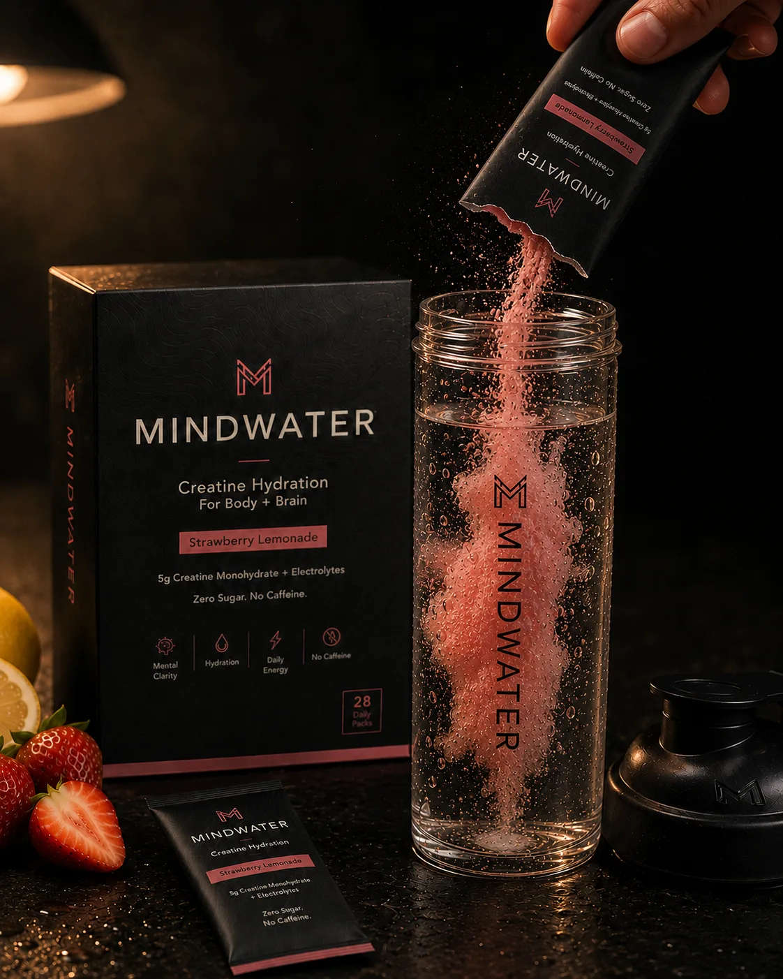 Hand pouring strawberry-pink MINDWATER powder from a daily pack into a premium shaker of cold water