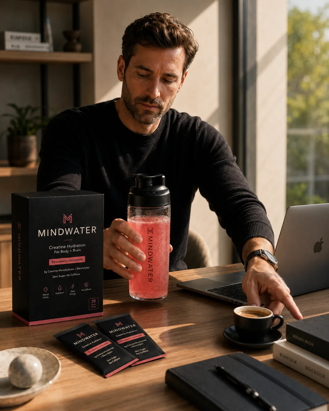 Professional at a warm minimal desk holding a strawberry-pink MINDWATER shaker, pushing an espresso cup aside